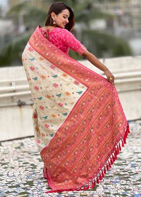 Cream woven self design silk blend patola saree with blouse 5