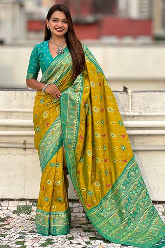 Mehendi woven self design silk blend patola saree with blouse
