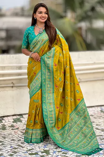 Mehendi woven self design silk blend patola saree with blouse