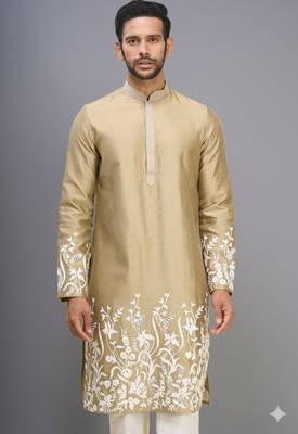 men’s chiku silk kurta pant set with floral embroidery 3