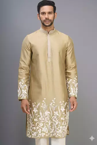 men’s chiku silk kurta pant set with floral embroidery