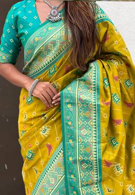 Mehendi woven self design silk blend patola saree with blouse 4