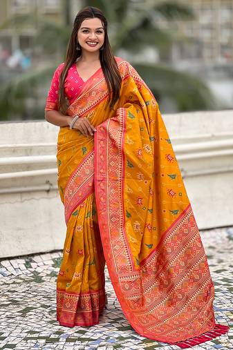 Mustard woven self design silk blend patola saree with blouse