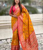 Mustard woven self design silk blend patola saree with blouse