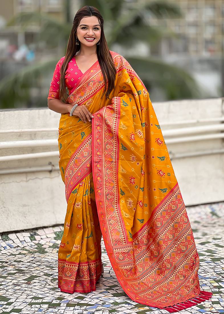 Mustard woven self design silk blend patola saree with blouse