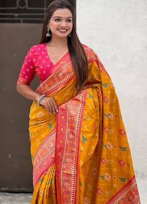 Mustard woven self design silk blend patola saree with blouse 2