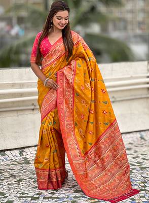 Mustard woven self design silk blend patola saree with blouse 3