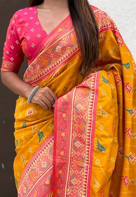 Mustard woven self design silk blend patola saree with blouse 4