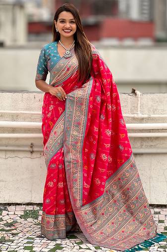 Pink woven self design silk blend patola saree with blouse