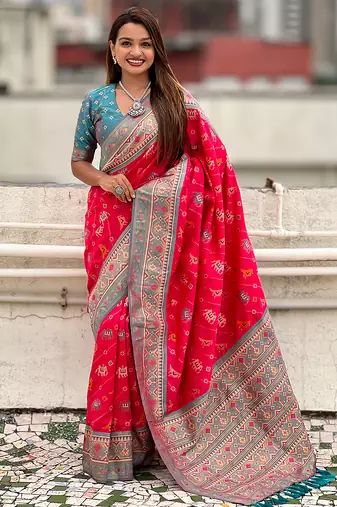 Pink woven self design silk blend patola saree with blouse