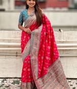 Pink woven self design silk blend patola saree with blouse