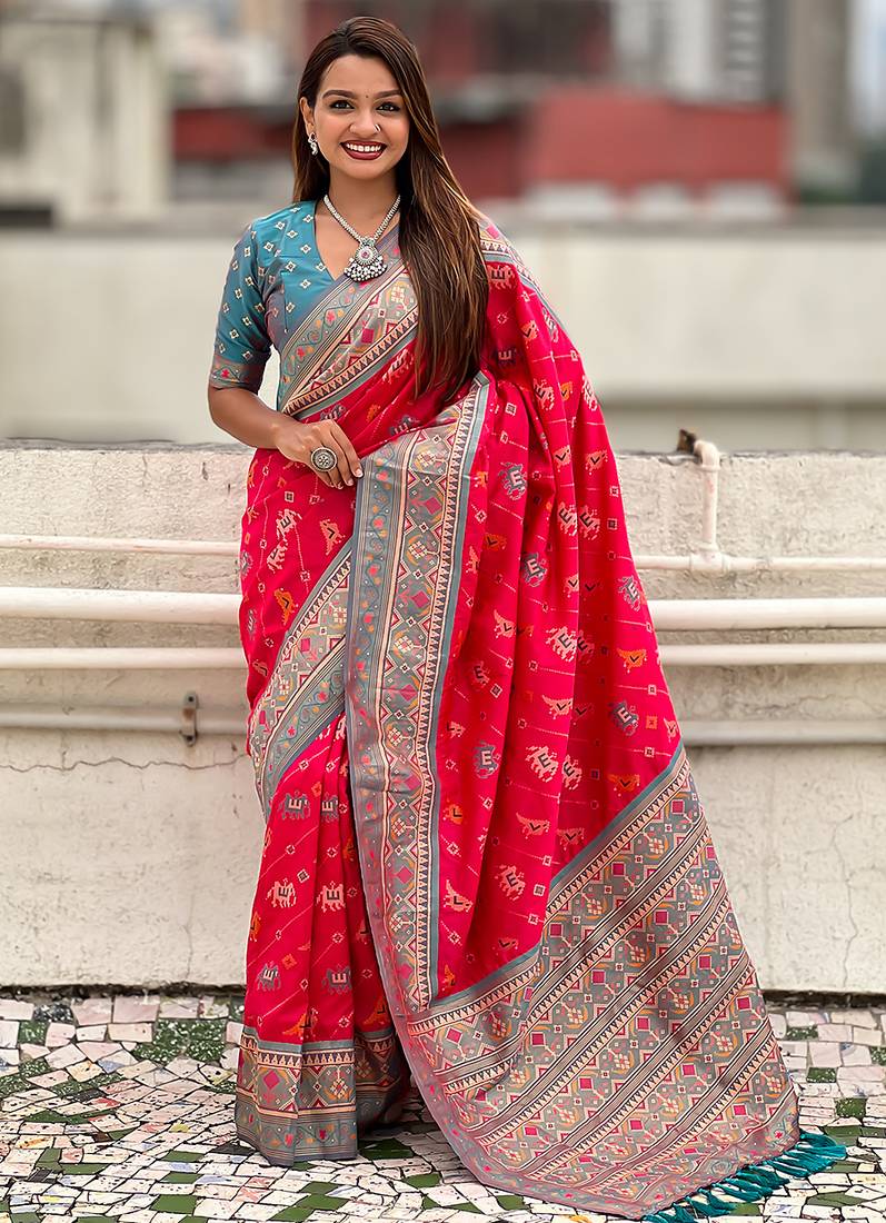 Pink woven self design silk blend patola saree with blouse
