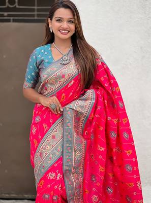 Pink woven self design silk blend patola saree with blouse 2