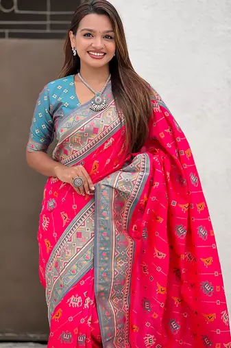 Pink woven self design silk blend patola saree with blouse