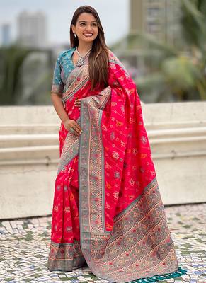 Pink woven self design silk blend patola saree with blouse 3