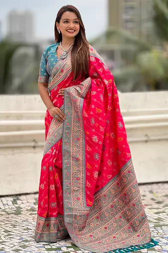 Pink woven self design silk blend patola saree with blouse