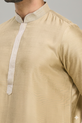 men’s chiku silk kurta pant set with floral embroidery 4