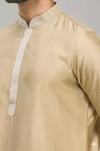 men’s chiku silk kurta pant set with floral embroidery