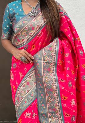 Pink woven self design silk blend patola saree with blouse 4