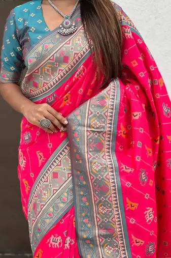 Pink woven self design silk blend patola saree with blouse