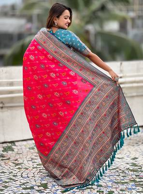 Pink woven self design silk blend patola saree with blouse 5