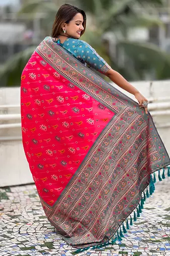 Pink woven self design silk blend patola saree with blouse