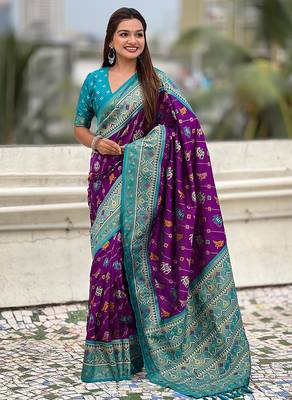Purple woven self design silk blend patola saree with blouse 3
