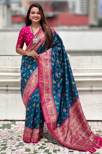 Teal blue woven self design silk blend patola saree with blouse
