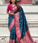 Teal blue woven self design silk blend patola saree with blouse