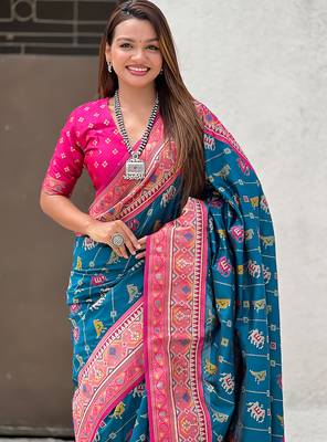 Teal blue woven self design silk blend patola saree with blouse 2