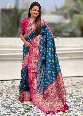 Teal blue woven self design silk blend patola saree with blouse 3