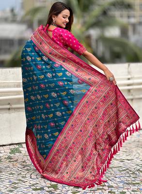 Teal blue woven self design silk blend patola saree with blouse 5