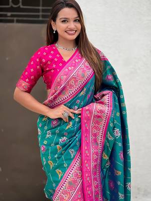 Teal green woven self design silk blend patola saree with blouse 2
