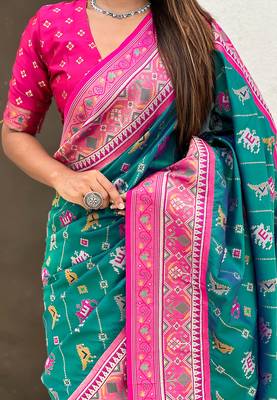Teal green woven self design silk blend patola saree with blouse 4