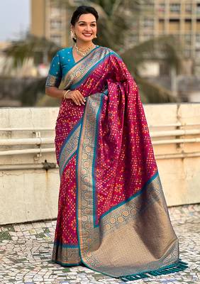 Magenta woven self design silk blend patola saree with blouse 1