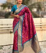 Magenta woven self design silk blend patola saree with blouse
