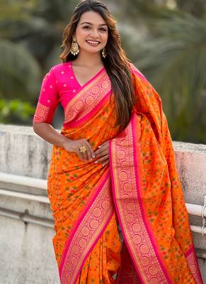 Orange woven self design silk blend patola saree with blouse 2