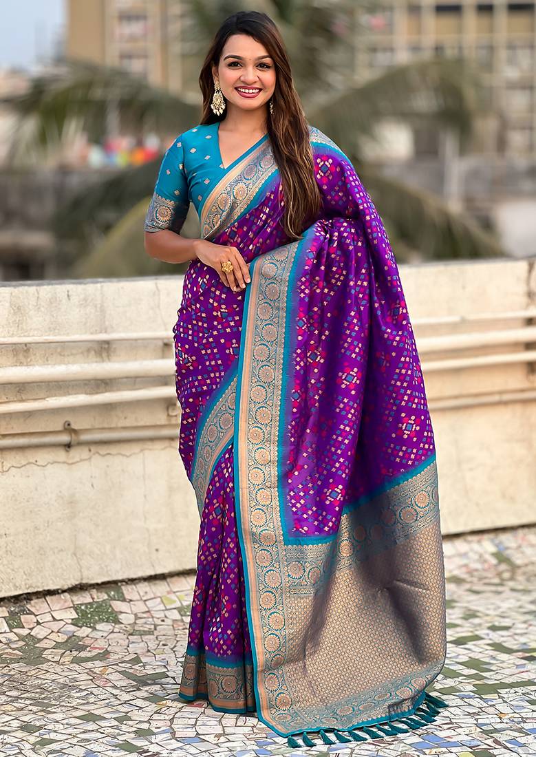Purple woven self design silk blend patola saree with blouse