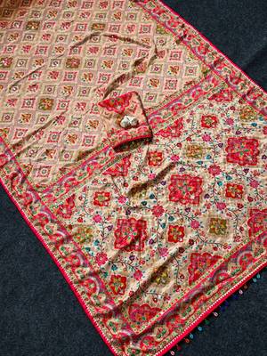 Beige Color  ajarakh Print and Mirror work And Piping Saree Border Silk Saree 2