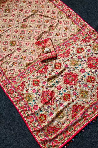 Beige Color  ajarakh Print and Mirror work And Piping Saree Border Silk Saree