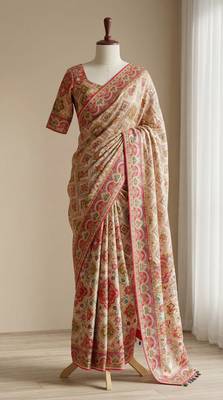 Beige Color  ajarakh Print and Mirror work And Piping Saree Border Silk Saree 1