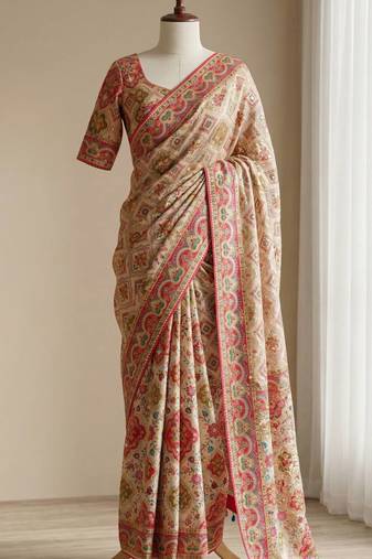 Beige Color  ajarakh Print and Mirror work And Piping Saree Border Silk Saree