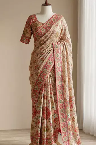 Beige Color  ajarakh Print and Mirror work And Piping Saree Border Silk Saree
