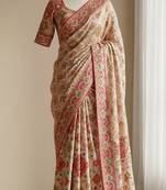 Beige Color  ajarakh Print and Mirror work And Piping Saree Border Silk Saree