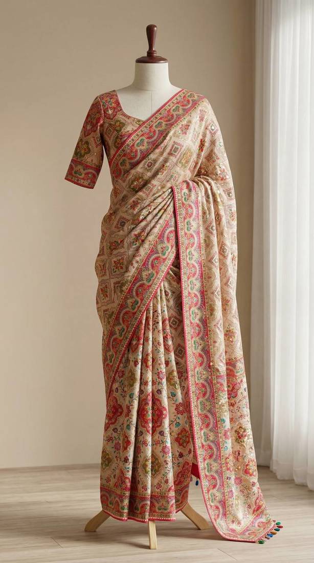 Beige Color  ajarakh Print and Mirror work And Piping Saree Border Silk Saree