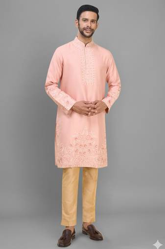 men’s peach silk kurta pant set with elegant embroidery