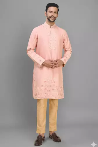 men’s peach silk kurta pant set with elegant embroidery