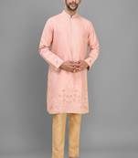 men’s peach silk kurta pant set with elegant embroidery
