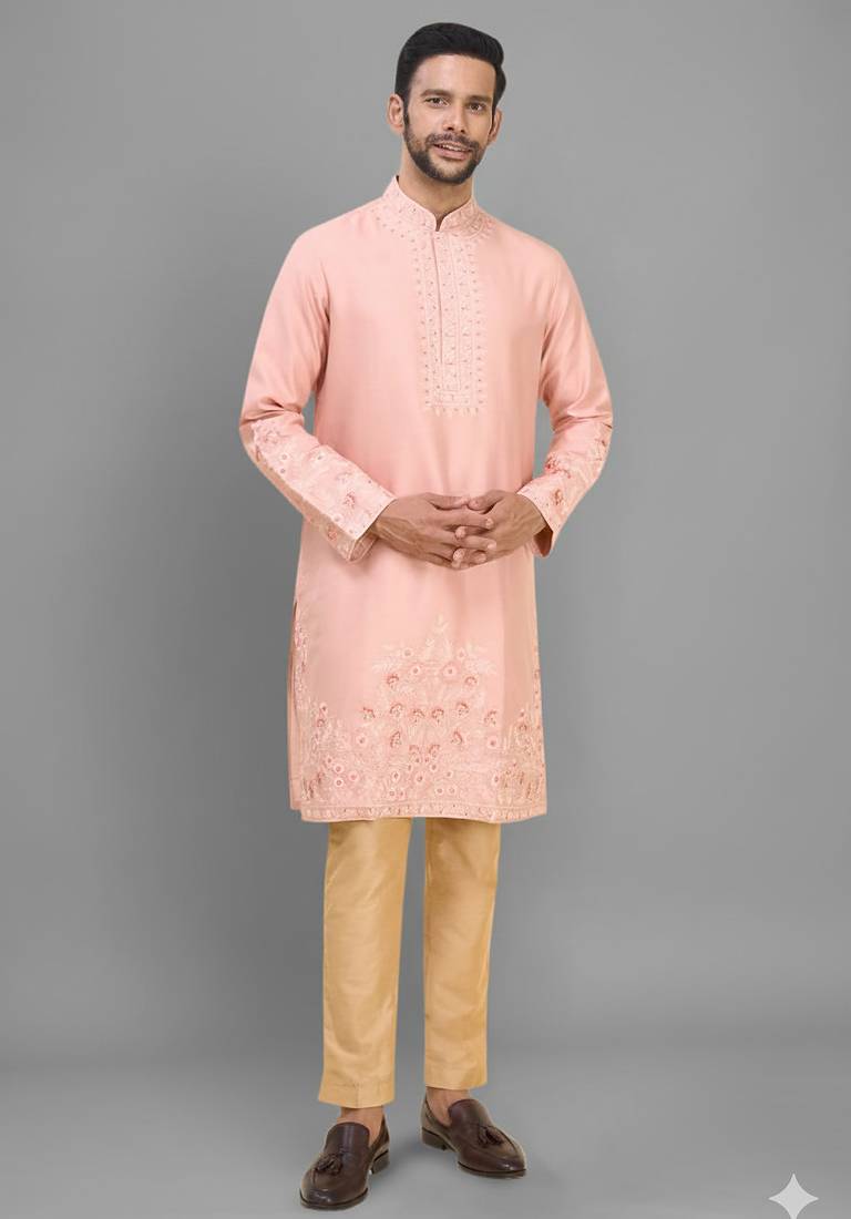 men’s peach silk kurta pant set with elegant embroidery