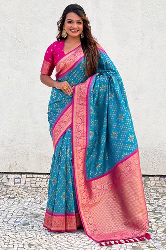 Sky blue woven self design silk blend patola saree with blouse